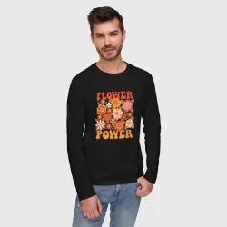 Мужской лонгслив хлопок Надпись Flower power и цветы в стиле ретро 70-х - фото 2