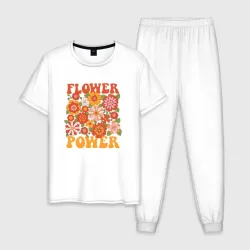 Мужская пижама с белой футболкой хлопок Надпись Flower power и цветы в стиле ретро 70-х