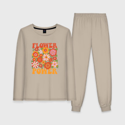 Женская пижама с лонгсливом хлопок Надпись Flower power и цветы в стиле ретро 70-х