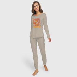 Женская пижама с лонгсливом хлопок Надпись Flower power и цветы в стиле ретро 70-х - фото 2