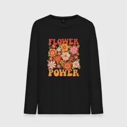 Мужской лонгслив хлопок Надпись Flower power и цветы в стиле ретро 70-х