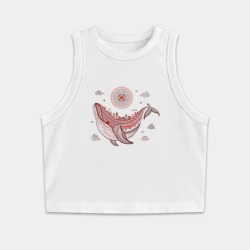 Женская укороченная майка-топ хлопок Кит и солнце в стиле мезенской росписи