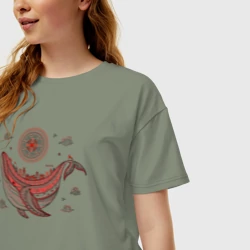 Женская футболка хлопок Oversize Кит и солнце в стиле мезенской росписи - фото 2
