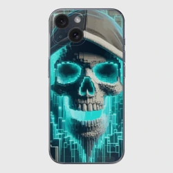 Чехол для iPhone 15 силиконовый с защитой камеры Скелет в балахоне - граффити кибер-хакер