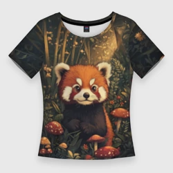 Женская футболка 3D Slim Красная панда в лесной чаще - милая