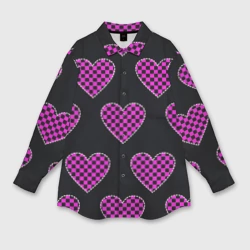 Женская рубашка oversize 3D Эмо клетчатый паттерн - сердце черно розовое