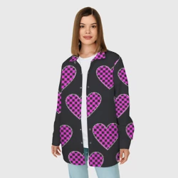 Женская рубашка oversize 3D Эмо клетчатый паттерн - сердце черно розовое - фото 2