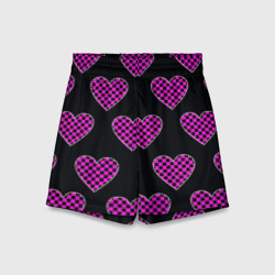 Детские спортивные шорты 3D Эмо клетчатый паттерн - сердце черно розовое