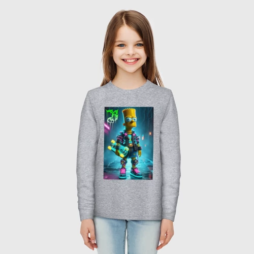 Детский лонгслив хлопок с принтом Барт Симпсон со скейтбордом под проливным дождём - нейроарт, вид сбоку #3