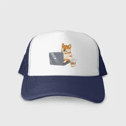 Кепка тракер с сеткой Собака Сиба ину печатает на ноутбуке с кофе