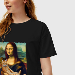 Женская футболка хлопок Oversize Мона Лиза с рыжим котом - фото 2