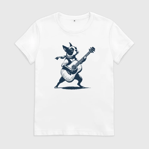 Женская футболка хлопок с принтом Бостон-терьер играет на гитаре, вид спереди #2