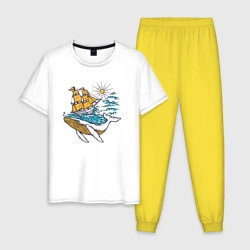 Мужская пижама с белой футболкой хлопок Парусник и кит