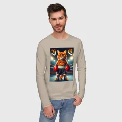Мужской лонгслив хлопок Red cat is a professional boxer - ai art fantasy - фото 2