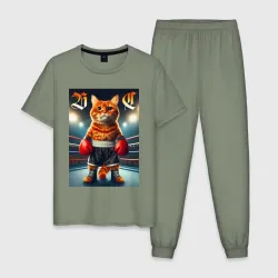 Мужская пижама хлопок Red cat is a professional boxer - ai art fantasy