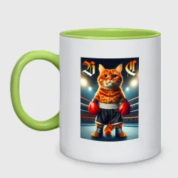 Кружка двухцветная Red cat is a professional boxer - ai art fantasy