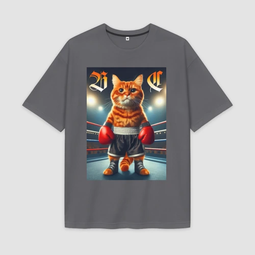 Мужская футболка Oversize хлопок premium Red cat is a professional boxer - ai art fantasy
