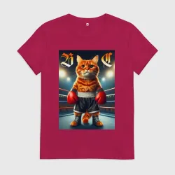 Женская футболка хлопок Red cat is a professional boxer - ai art fantasy