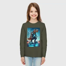 Детский лонгслив хлопок Cyber tyrannosaur on a hoverboard - neon glow fantasy - фото 2