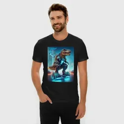 Мужская футболка хлопок Slim Cyber tyrannosaur on a hoverboard - neon glow fantasy - фото 2