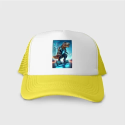 Кепка тракер с сеткой Cyber tyrannosaur on a hoverboard - neon glow fantasy