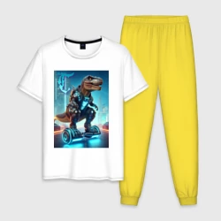 Мужская пижама с белой футболкой хлопок Cyber tyrannosaur on a hoverboard - neon glow fantasy