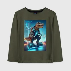 Детский лонгслив хлопок Cyber tyrannosaur on a hoverboard - neon glow fantasy