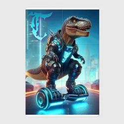 Магнитный плакат 2Х3 Cyber tyrannosaur on a hoverboard - neon glow fantasy