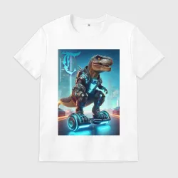 Мужская футболка хлопок Cyber tyrannosaur on a hoverboard - neon glow fantasy