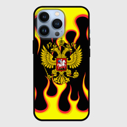 Чехол для iPhone 13 Pro Герб РФ огонь