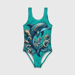 Детский купальник 3D Дельфин в бирюзовых волнах - фото 2