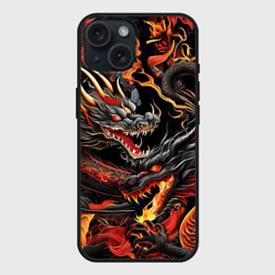 Чехол силиконовый для Apple iPhone 15 матовый Огненные драконы в стиле  тату ирезуми на черном