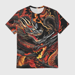 Мужская футболка 3D Огненные драконы в стиле тату ирезуми на черном