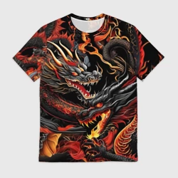 Мужская футболка 3D Огненные драконы в стиле  тату ирезуми на черном