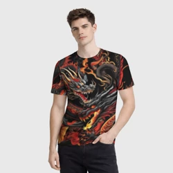 Мужская футболка 3D Огненные драконы в стиле  тату ирезуми на черном - фото 2