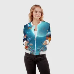 Женский бомбер 3D Сказочные грибы и бабочки под луной - фантазия - фото 2