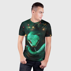 Мужская футболка 3D Slim Зелёная новогодняя змея - фото 2