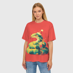 Женская футболка oversize 3D Новогодняя змея с бокалом шампанского - фото 2