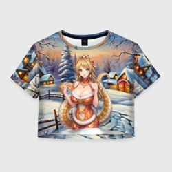 Женская футболка Crop-top 3D Новогодняя девушка змея снегурка