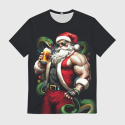 Мужская футболка 3D Дед Мороз бодибилдер с бокалом и зелёной змеёй