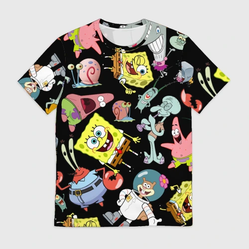 Мужская футболка 3D с принтом Губка Боб квадратные штаны и его друзья, вид спереди #2