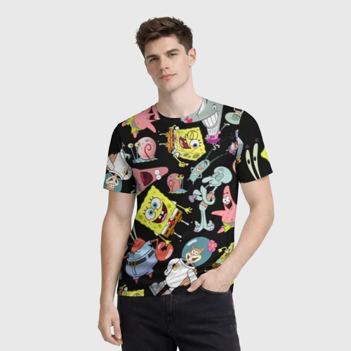 Мужская футболка 3D с принтом Губка Боб квадратные штаны и его друзья, фото на моделе #1