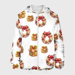 Мужская куртка 3D Много новогодних  пончиков  и подарков с бантиком и ягодами