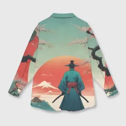 Женская рубашка oversize 3D Яркий самурай на закате
