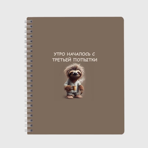 Тетрадь Ленивец с кружкой кофе: утро началось с третьей попытки