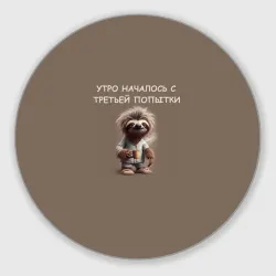 Круглый коврик для мышки Ленивец с кружкой кофе: утро началось с третьей попытки