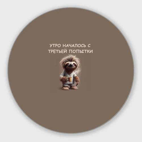 Круглый коврик для мышки Ленивец с кружкой кофе: утро началось с третьей попытки