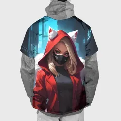 Накидка на куртку 3D Девушка кошка неоновый город