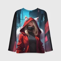 Детский лонгслив 3D Девушка кошка неоновый город