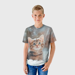 Детская футболка 3D Маленький милый котенок и снег - фото 2